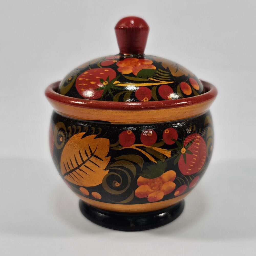 Russian Khokhloma Hand Painted Wooden Small Bowl with Lid, Black & Red Folk Art